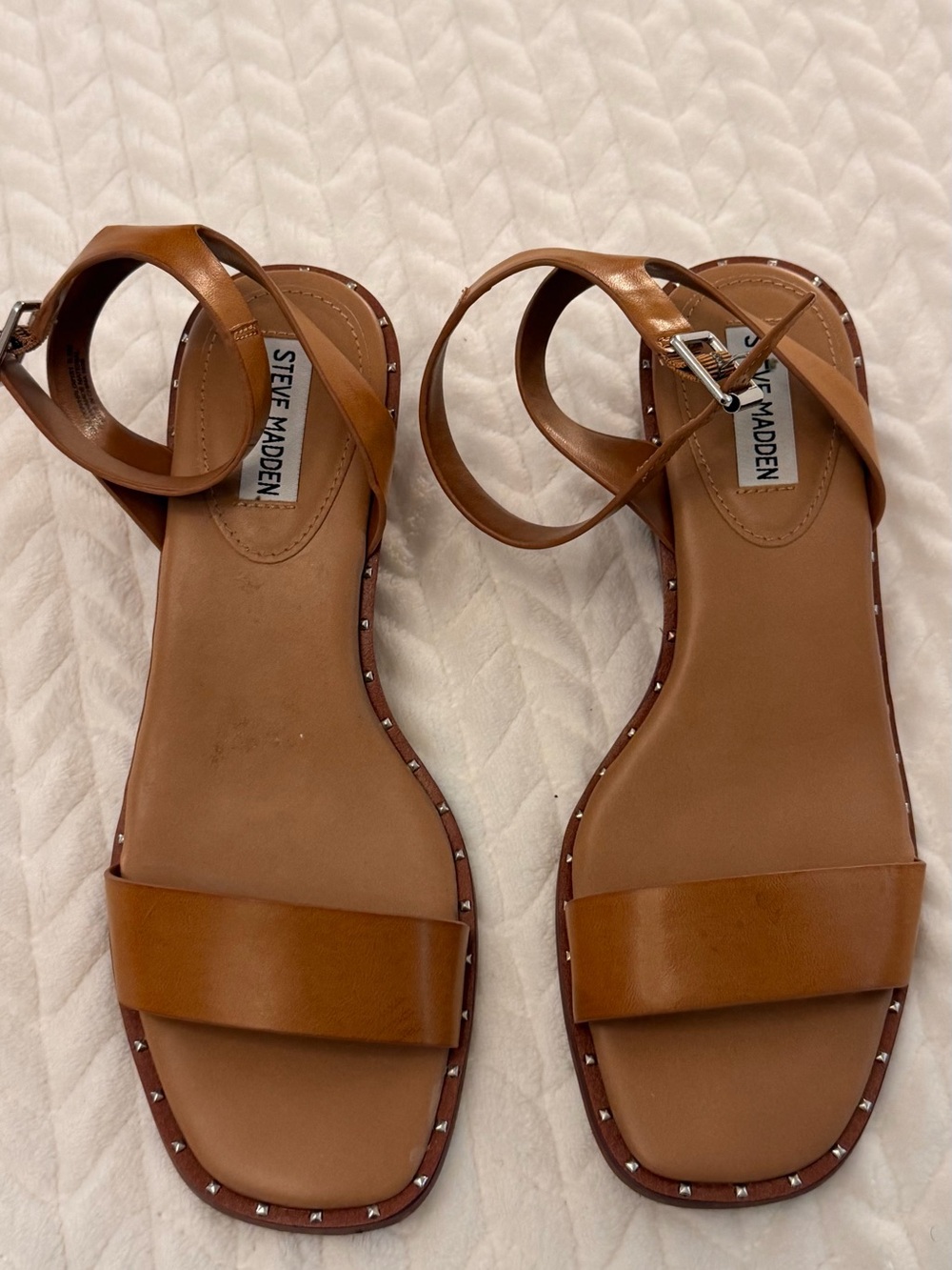 Steve Madden Brown Leather Stud-Trim Ankle-Strap Sandals